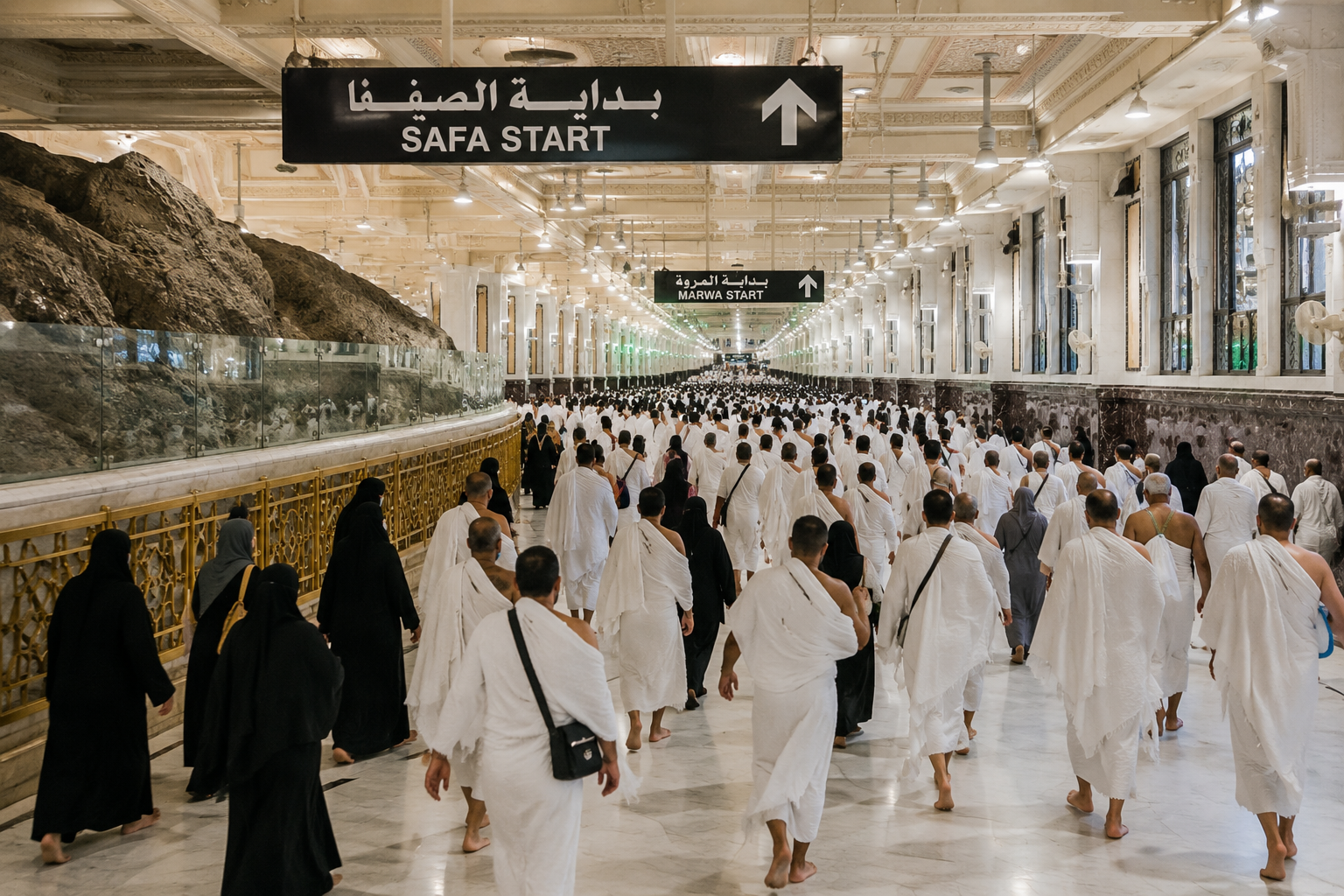 Muslim pilgrims walking through the indoor corridor between Mount Safa and Mount Marwa.